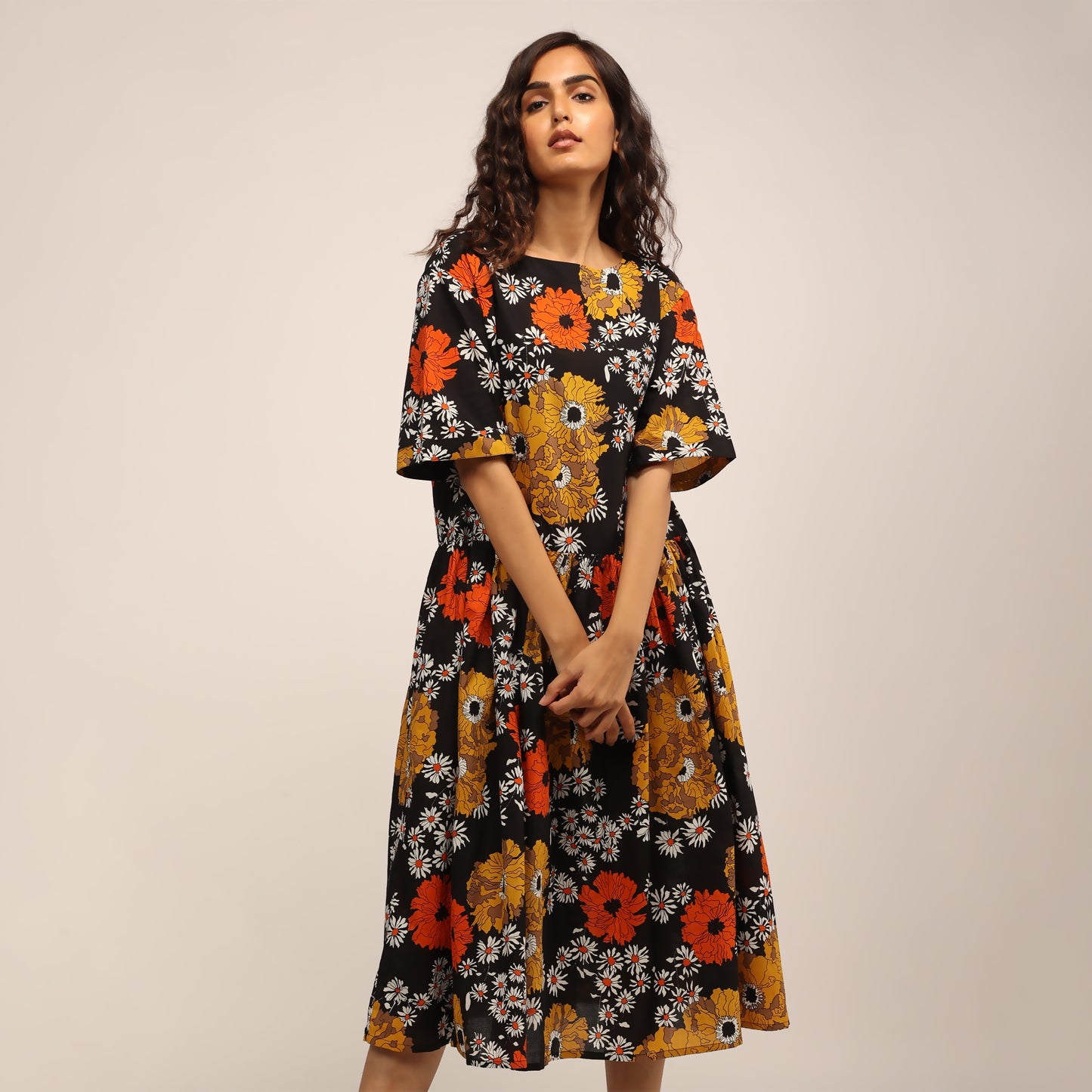 Swing Dress Long - Mustard Flowers