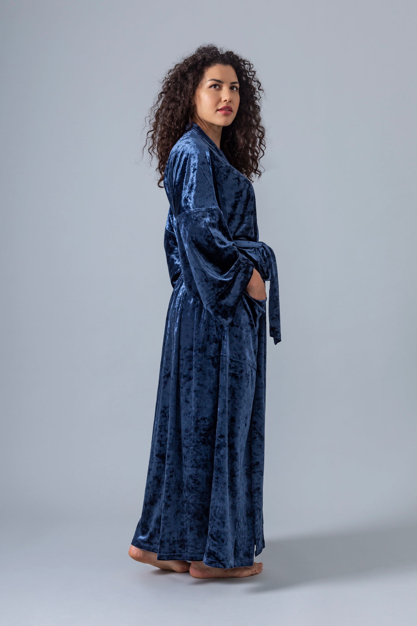 Velvet Kimono Bathrobe - Navy