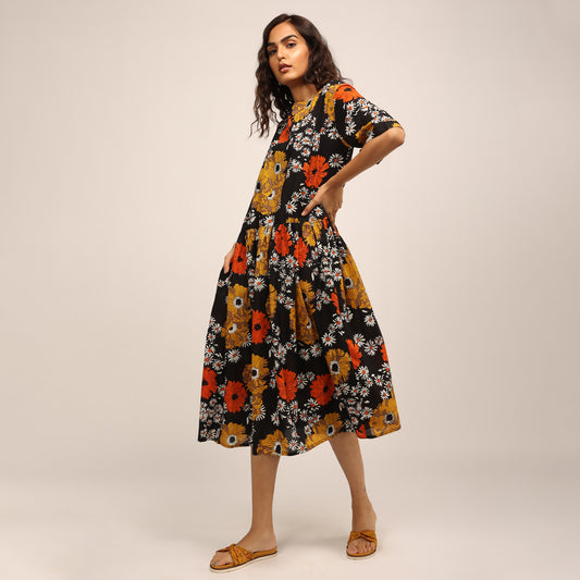 Swing Dress Long - Mustard Flowers