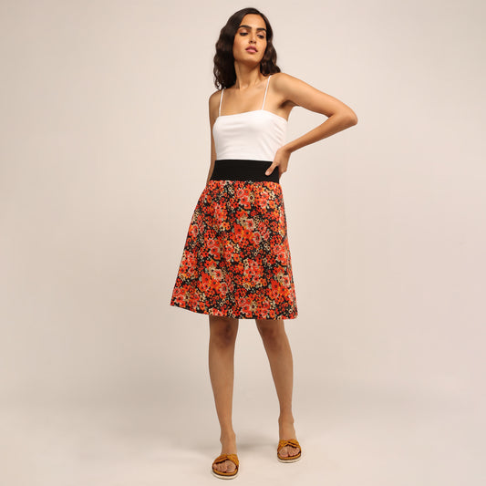 Reversible Skirt - Red/Vanilla & Mustard Flowers