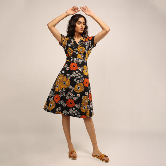 Wrap Dress - Mustard Flowers