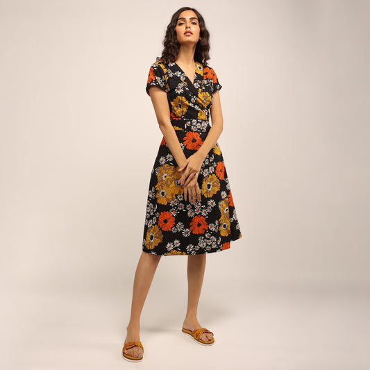 Wrap Dress - Mustard Flowers
