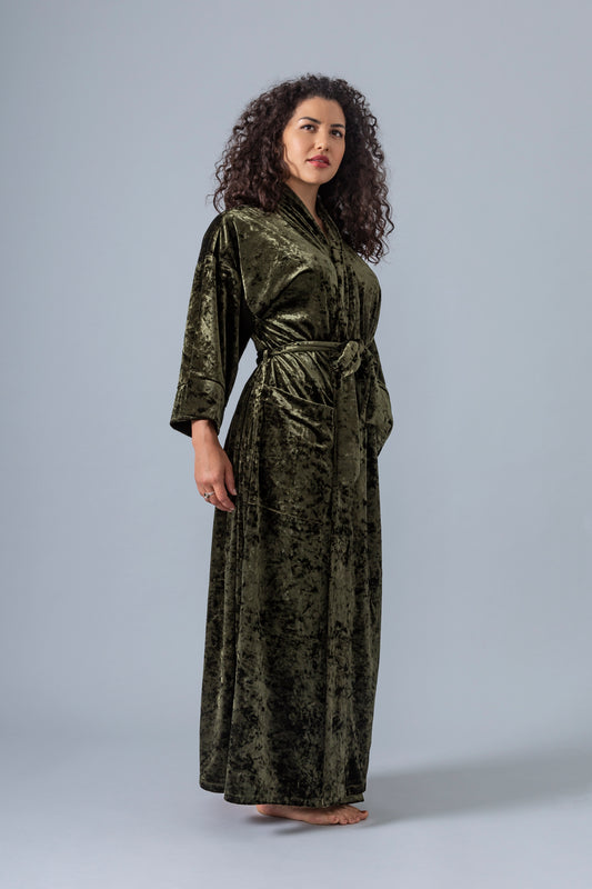 Velvet Kimono Bathrobe - Olive