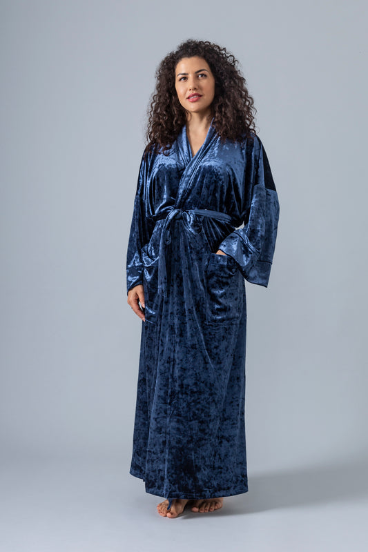 Velvet Kimono Bathrobe - Navy