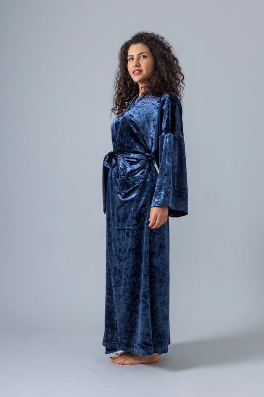 Velvet Kimono Bathrobe - Navy